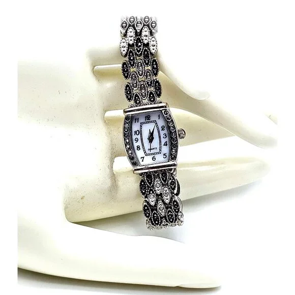 Vintage M.Z. Berger WS01 Women’s Quartz Watch Silver Marcasite Look Bracelet - Picture 1 of 10